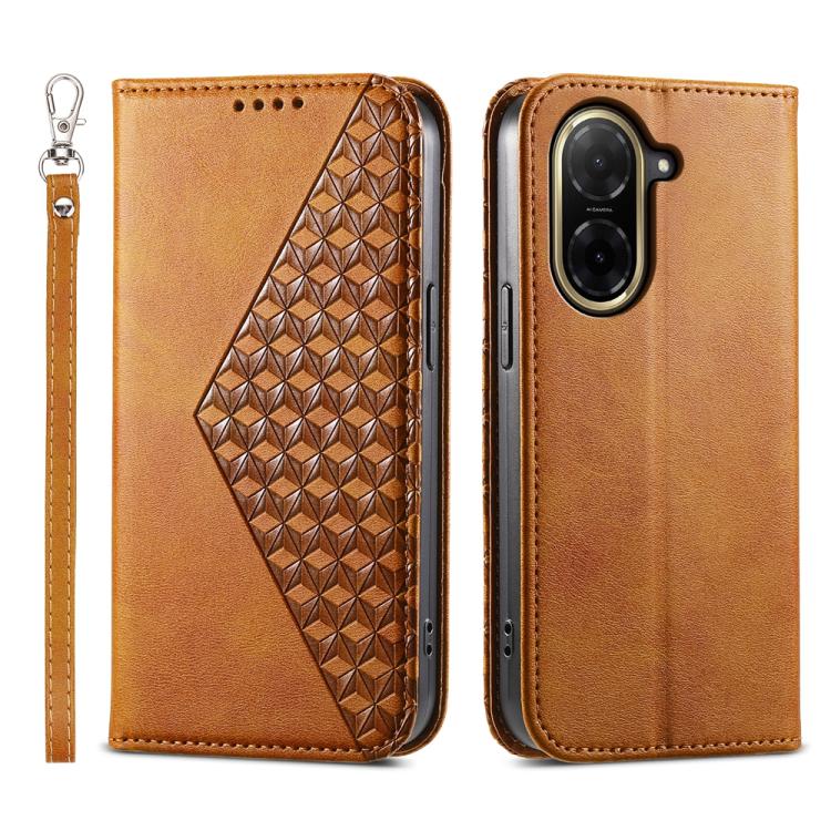 Brown magnetic leather phone case with diagonal cubic grid texture and wrist strap.