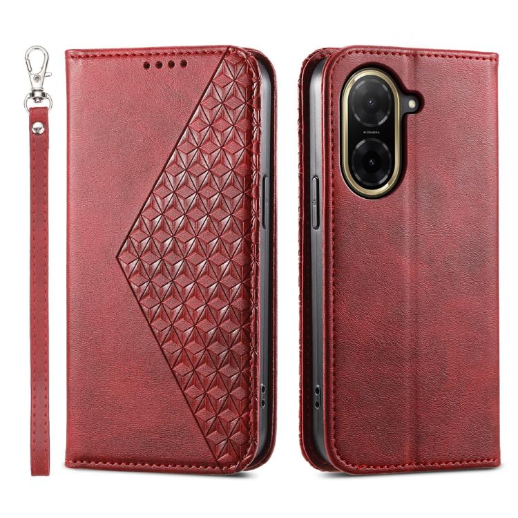 Red magnetic leather phone case with diagonal cubic grid texture and wrist strap.