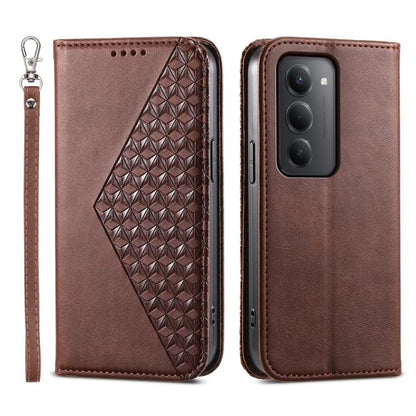 Magnetic leather phone case with geometric diamond panel, wrist strap, brown calf texture.