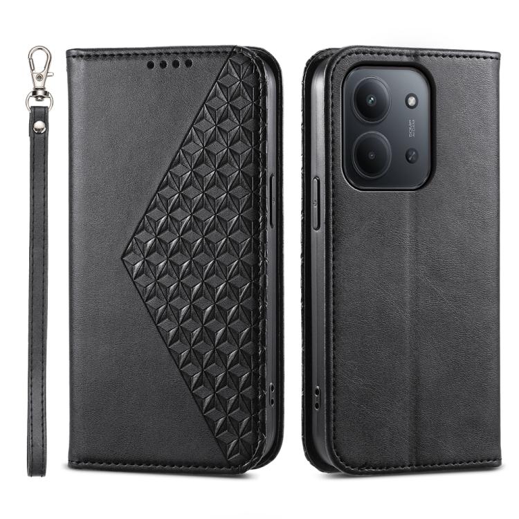Black magnetic leather phone case with embossed cubic grid textured panel and wrist strap