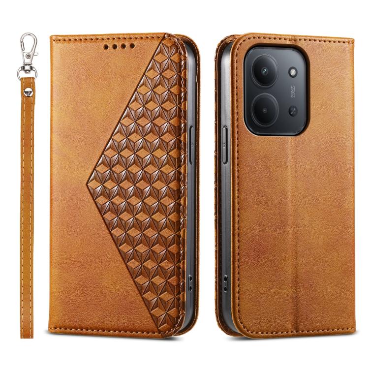Brown magnetic leather phone case with embossed cubic grid textured panel and wrist strap