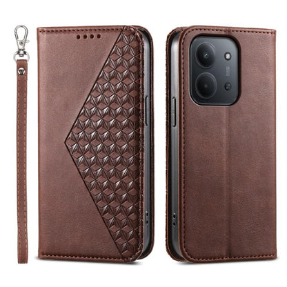 Rose gold magnetic leather phone case with embossed cubic grid textured panel and wrist strap