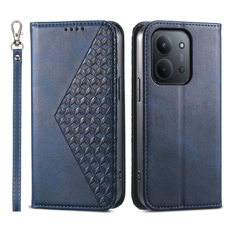 Blue magnetic leather phone case with diagonal cubic grid texture and wrist strap.