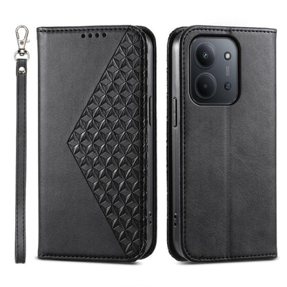 Magnetic leather phone case with geometric calf texture, wrist strap, charcoal black finish