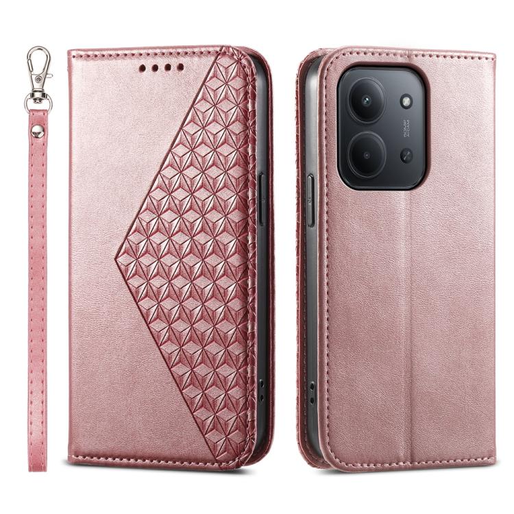 Magnetic leather phone case with geometric diamond panel, wrist strap, rose pink calf texture.
