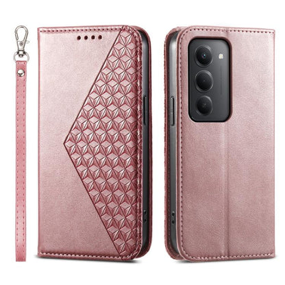 Light pink magnetic leather phone case with cubic grid textured panel and wrist strap, front/back