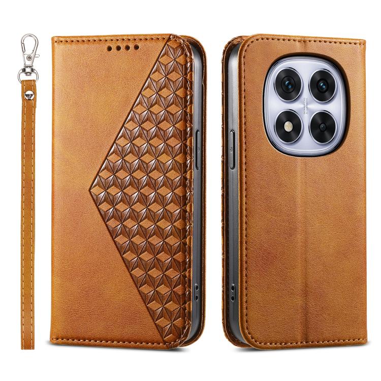 Tan magnetic leather phone case with 3D geometric pattern and wrist strap