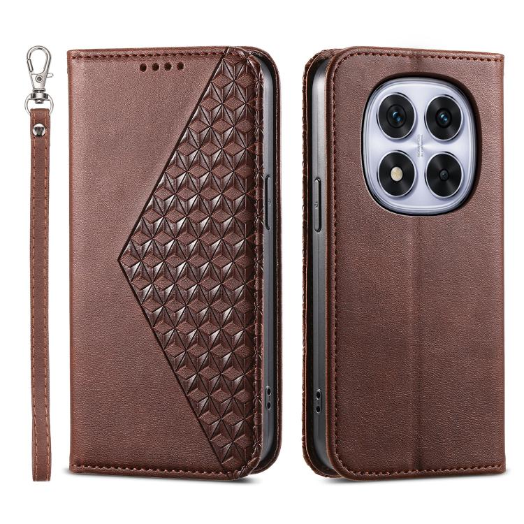 Brown magnetic leather phone case with 3D geometric pattern and wrist strap
