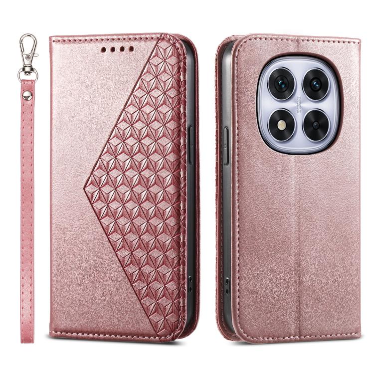 Rose gold magnetic leather phone case with 3D geometric pattern and wrist strap