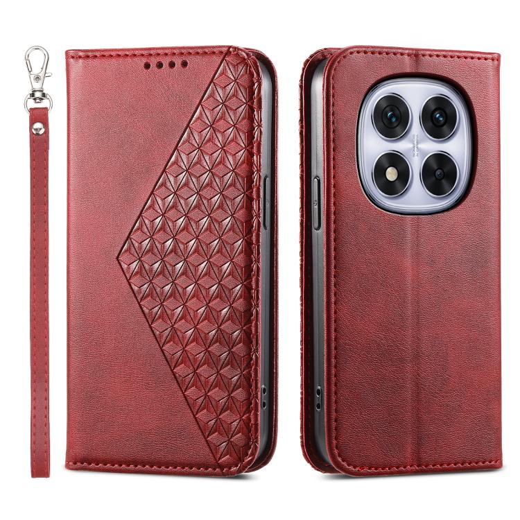 Red leather flip phone case with geometric calf texture panel and camera cutout