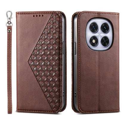 Dark brown leather flip phone case with geometric calf texture panel and wrist strap