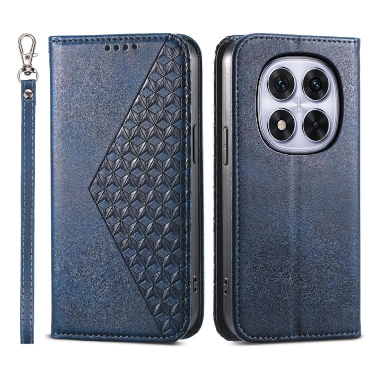 Blue leather flip phone case with geometric calf texture panel and camera cutout