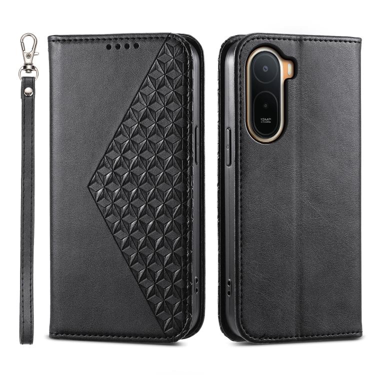 Black leather-look folio phone case with geometric diamond texture and wrist strap