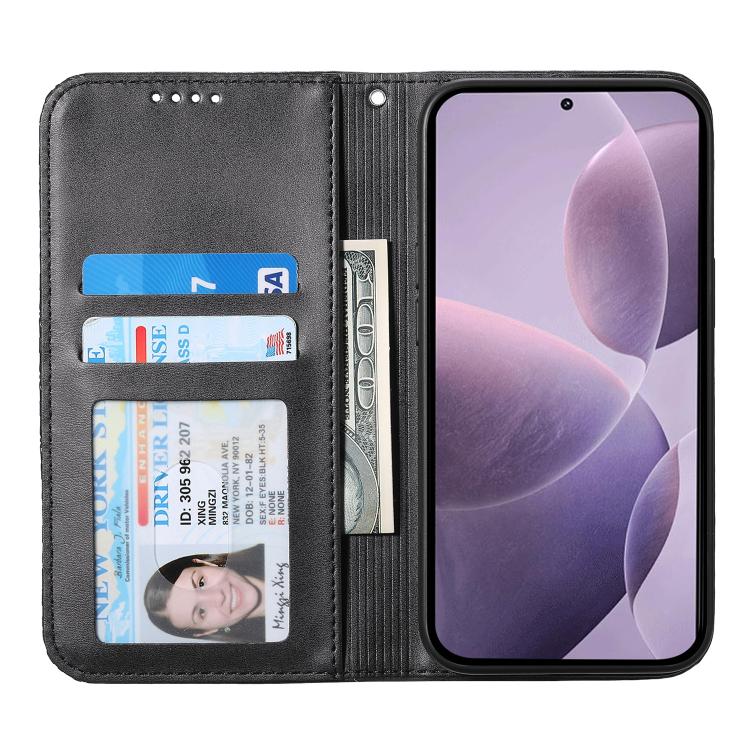Black leather-look folio phone case open with card slots and front cover