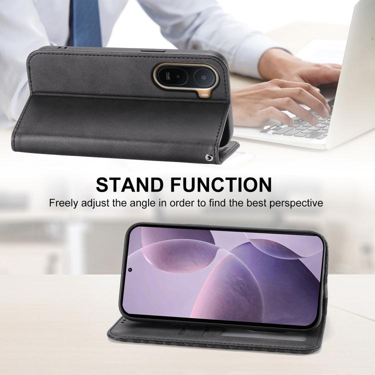 Black leather-look folio phone case with kickstand for viewing the phone screen