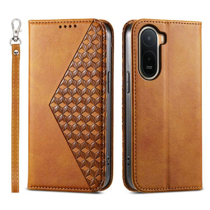 Brown leather-look folio phone case with geometric diamond textured panel and wrist strap