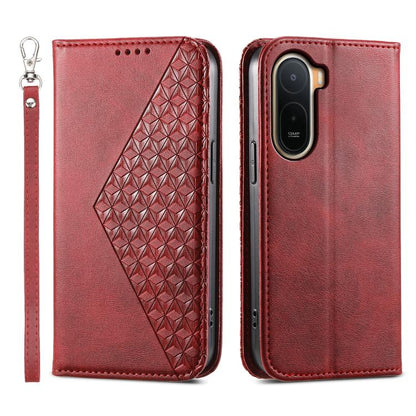 Red leather-look folio phone case with geometric diamond textured panel and wrist strap