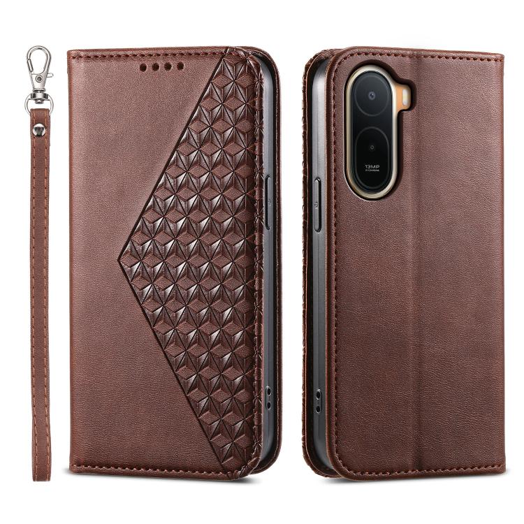 Rose gold leather-look folio phone case with geometric diamond textured panel and wrist strap
