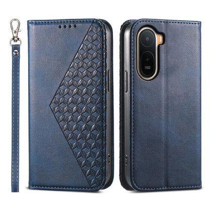 Blue leather phone case with cubic grid embossed panel, wrist strap, and camera cutouts