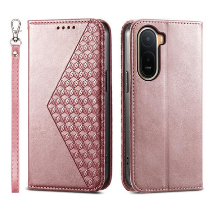 Rose pink leather phone case with cubic grid embossed panel, wrist strap, and camera cutouts
