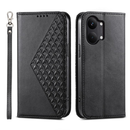 Black leather phone case front and back with cubic grid embossed panel, wrist strap, camera cutouts