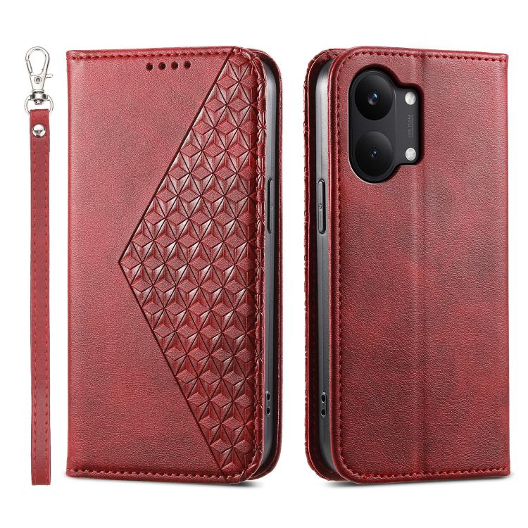 Red leather flip phone case with geometric calf texture panel and wrist strap