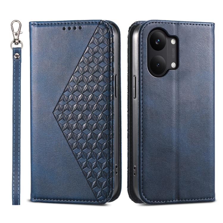 Blue leather flip phone case with geometric calf texture panel and wrist strap