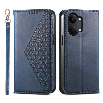 Blue leather flip phone case with geometric calf texture panel and wrist strap