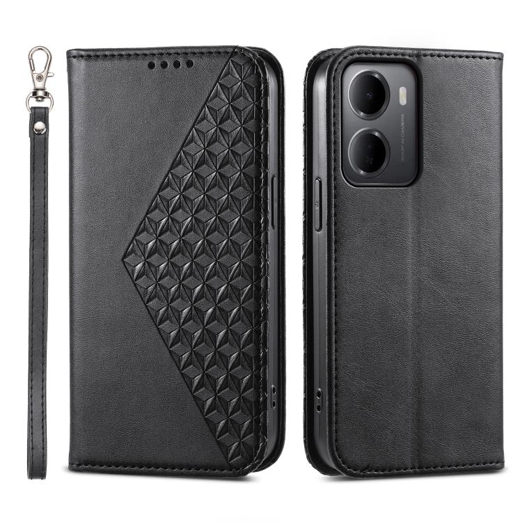 Black leather phone case with cubic grid embossed panel, wrist strap, and camera cutouts