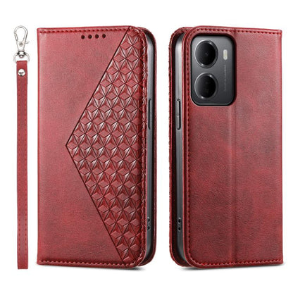 Red leather phone case with cubic grid embossed panel, wrist strap, and camera cutouts
