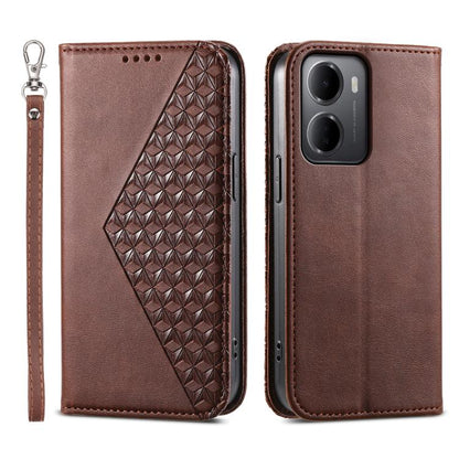 Rose brown leather phone case with cubic grid embossed panel, wrist strap, and camera cutouts