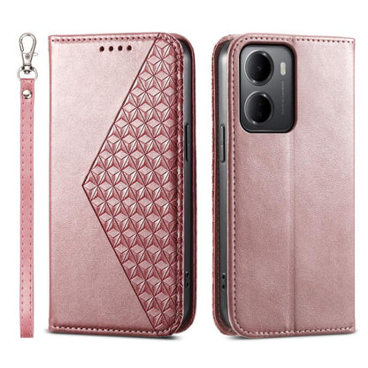 Rose pink leather phone case front and back with cubic grid embossed panel, wrist strap, camera cutouts