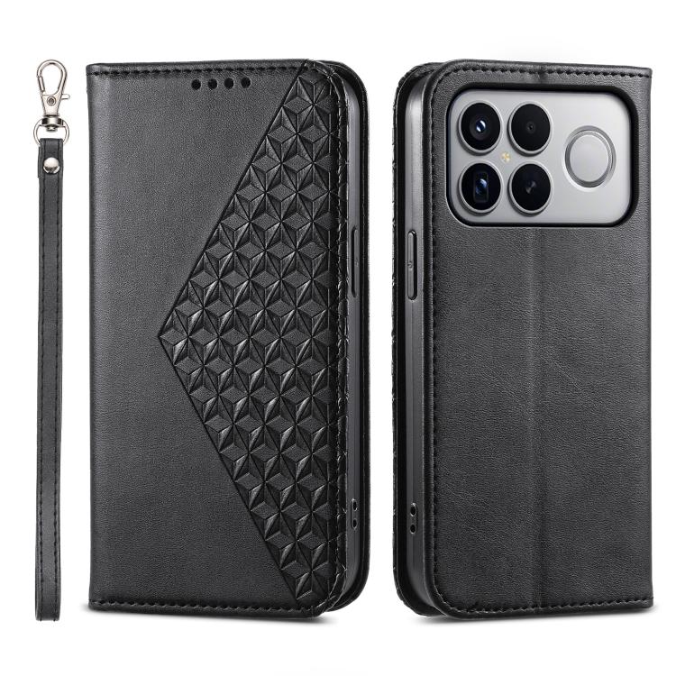 Black magnetic leather phone case with 3D geometric pattern and wrist strap