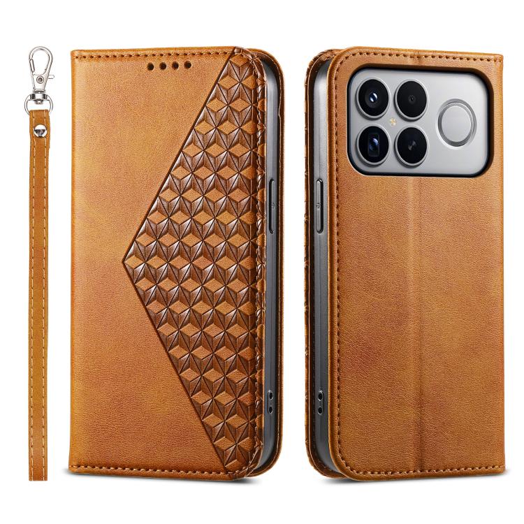 Tan magnetic leather phone case with 3D geometric pattern and wrist strap