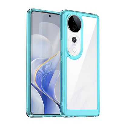 Transparent blue TPU phone case with clear back panel and raised camera cutout
