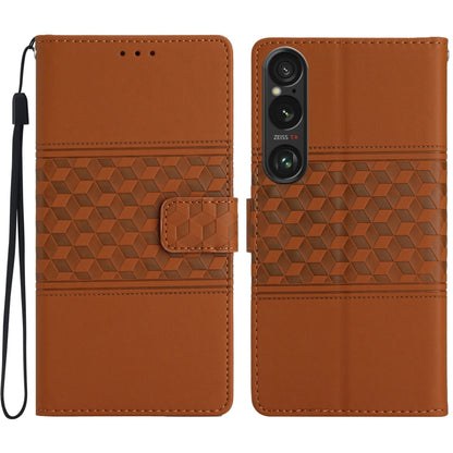 Diamond embossed leather phone case, tan/brown with wrist strap and flap