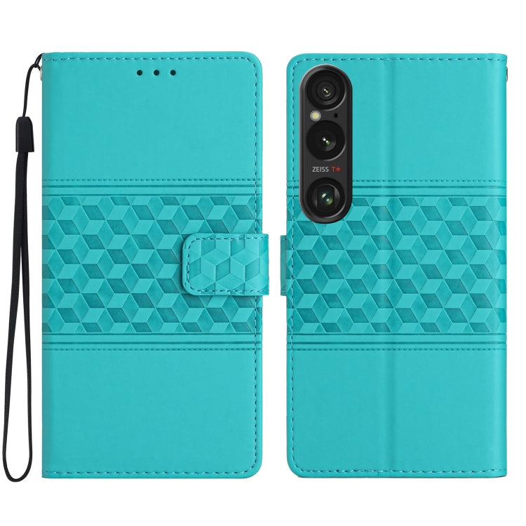 Diamond embossed leather phone case with wrist strap, teal, flip cover and card holder