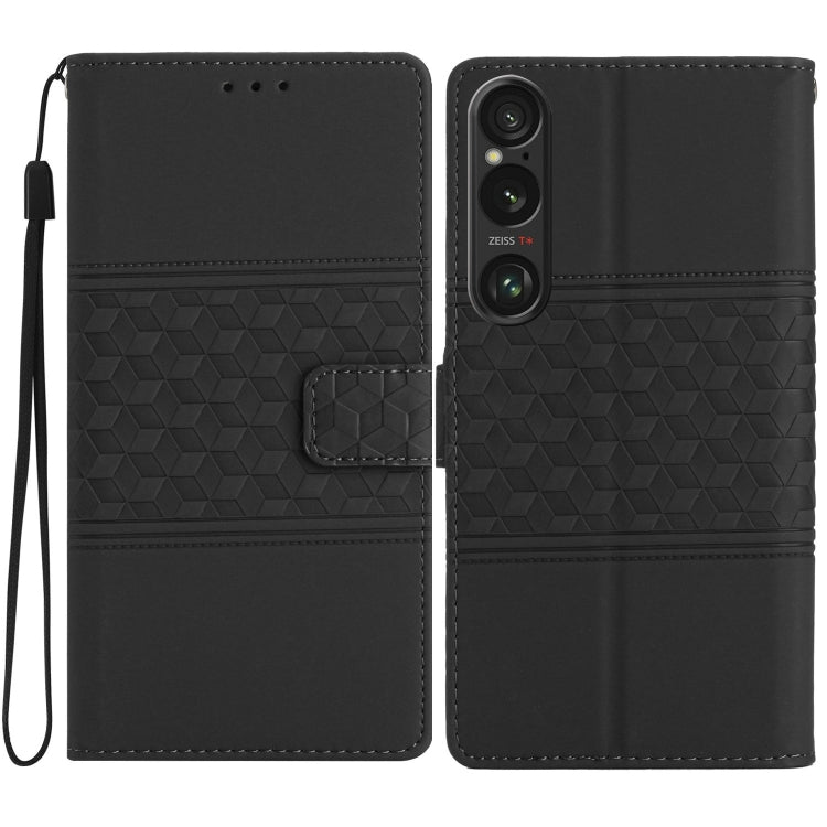 Diamond embossed leather phone case with wrist strap, black, flip cover and card holder