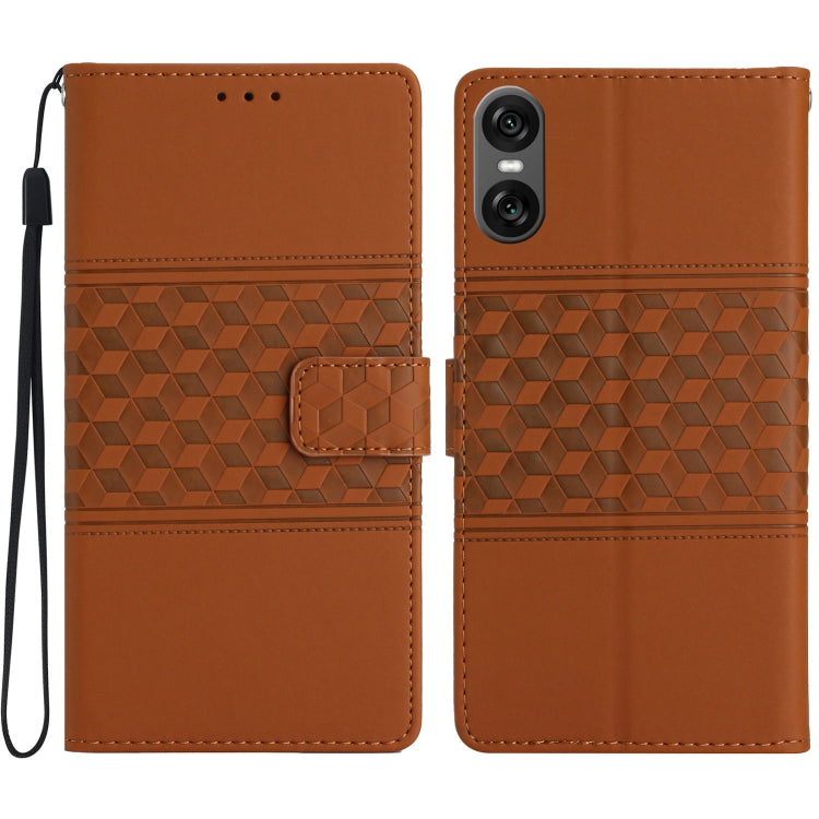 Diamond embossed leather phone case, brown with wrist strap and flap