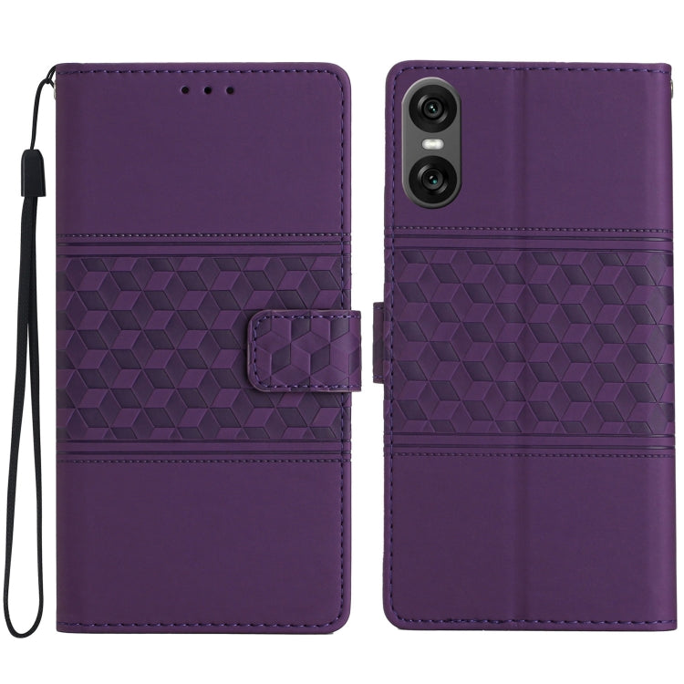 Diamond embossed leather phone case, purple with wrist strap and flap