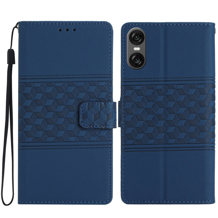 Diamond embossed leather phone case, navy blue with wrist strap and flap