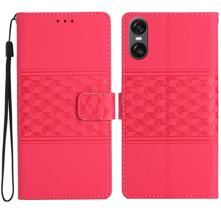 Diamond embossed leather phone case, bright red/pink with wrist strap and flap