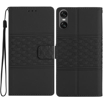 Diamond embossed leather phone case, black with wrist strap and diamond embossing