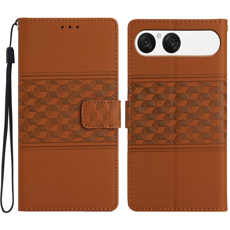 Brown diamond-embossed leather folio phone case with magnetic flap and wrist strap