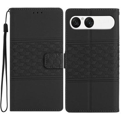 Diamond embossed leather phone case, black with wrist strap and flap