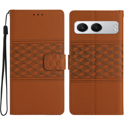 Brown diamond-embossed leather wallet phone case with wrist strap and camera cutout