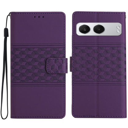 Purple diamond-embossed leather wallet phone case with wrist strap and camera cutout