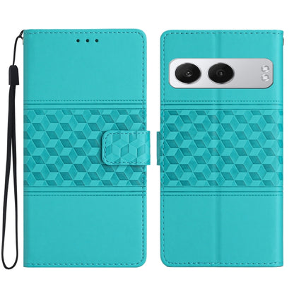 Teal diamond-embossed leather wallet phone case with wrist strap and camera cutout