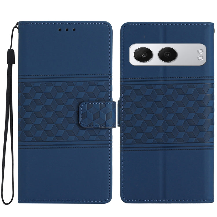 Dark blue diamond-embossed leather wallet phone case with wrist strap and camera cutout