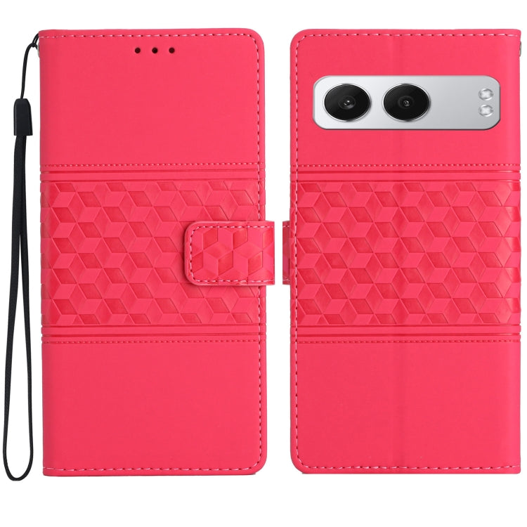 Red diamond-embossed leather wallet phone case with wrist strap and camera cutout